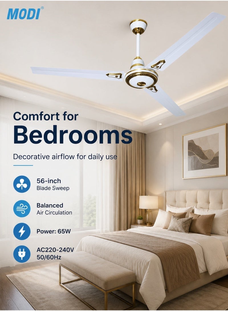 MODI 56 Inch Ceiling Fan White with Decorative Finish – 3 Blade Design, 65W Powerful Motor, Whisper Quiet Cooling Fan for Home & Bedroom - Image 4