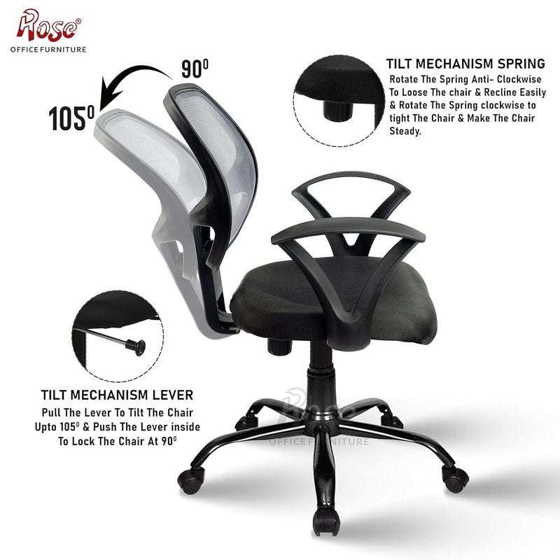 Rose ROSE Hippo MidBack Ergonomic Office Chair  Study Chair  Revolving Chair  Computer Chair  Work from Home  Height Adjustable PushBack Chair Grey  - Image 4