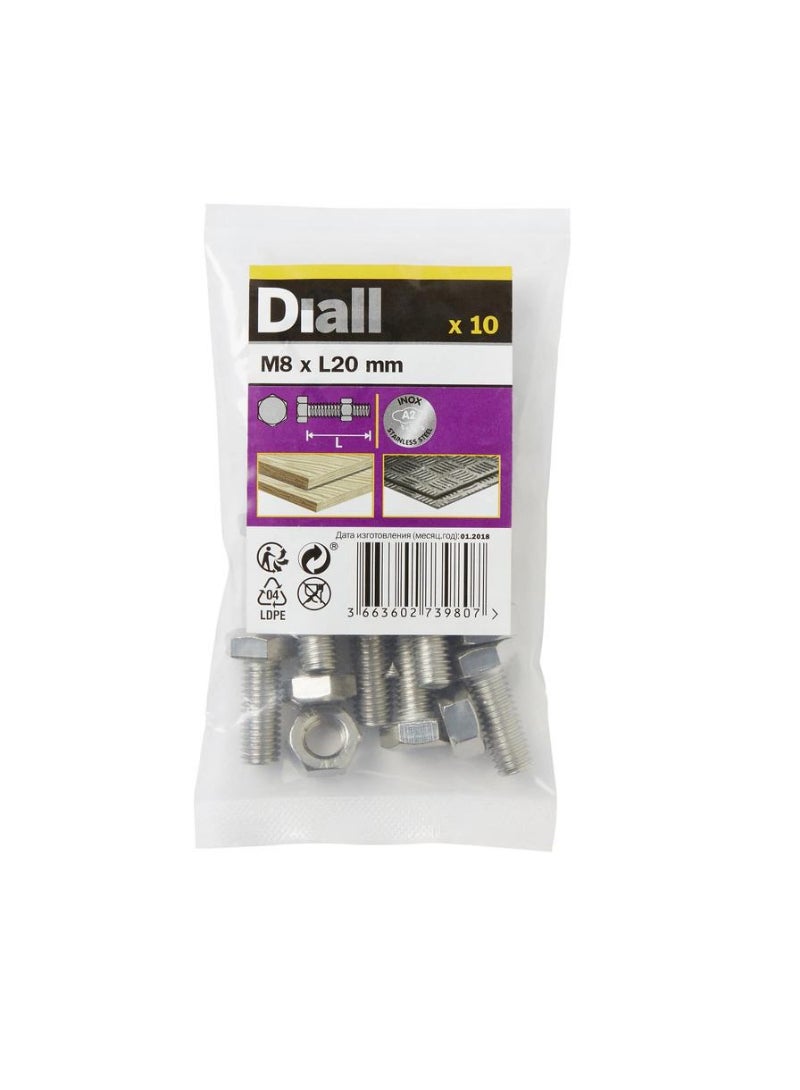 ACE Diall Stainless Steel Hex Nut And Bolt Pack M8 x 20mm 10Pcs