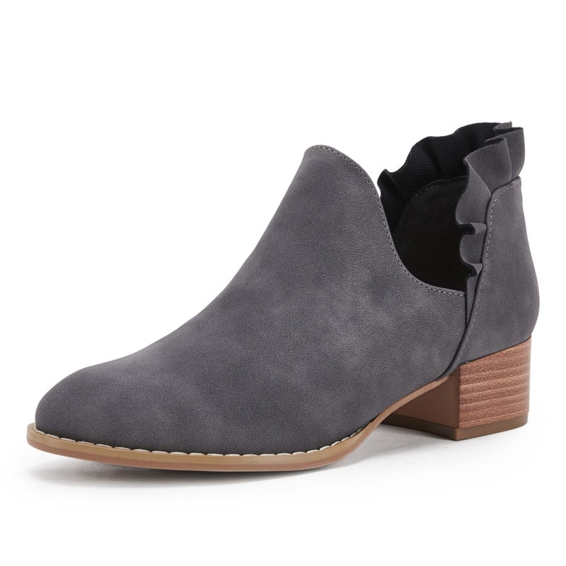 FISACE Womens Ruffled Ankle Boots V Cut Out Pointed Toe Chunky Low Heel Dressy Western Booties Grey - Image 1