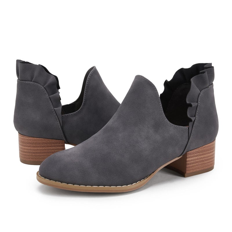 FISACE Womens Ruffled Ankle Boots V Cut Out Pointed Toe Chunky Low Heel Dressy Western Booties Grey - Image 4