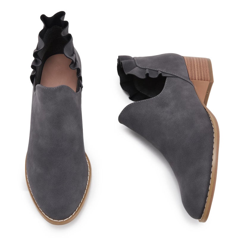 FISACE Womens Ruffled Ankle Boots V Cut Out Pointed Toe Chunky Low Heel Dressy Western Booties Grey - Image 2