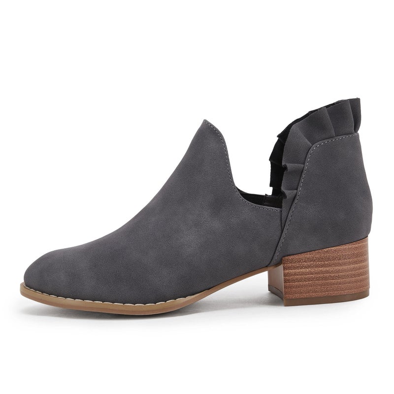 FISACE Womens Ruffled Ankle Boots V Cut Out Pointed Toe Chunky Low Heel Dressy Western Booties Grey - Image 3