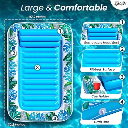 JAMBO Inflatable Tanning Pool Lounger Float, 70 x 47 Sun Tanning Pool Float with Pillow, Water Lounge Raft, Pool Floatie for Adults, Tanning Raft Pool Tub, Water Tanning Bed Kiddie Pool Tanning Floats - Image 5
