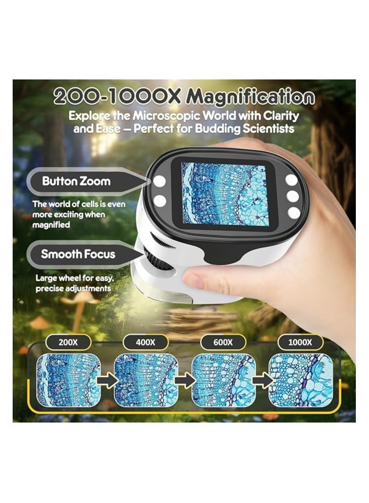 أنكوفو 1000X المجهر المحمول للأطفال 4K 2.0 "شاشة قابلة لإعادة الشحن ميني جيب المجهر الرقمي w / شرائح مجموعة الهدية المحمولة Edu عمر 4-6 8-12 الأطفال الطلاب (أبيض) - Image 2