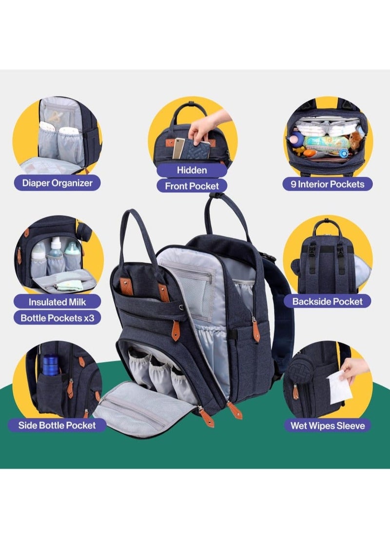 NIBEMINENT - BabbleRoo Diaper Bag Backpack - Baby Essentials Travel Tote Multi function Waterproof with Changing Pad, Stroller Straps & Pacifier Case Unisex, Navy Blue - Image 1