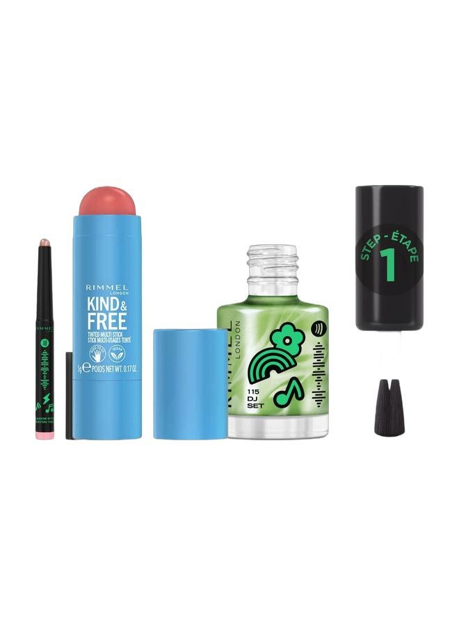 RIMMEL LONDON عصا متعددة لطيفة ومجانية 001 - كراميل غسق (بني فاتح) ومجموعة طلاء أظافر سوبر جل بحجم 115 - مجموعة دي جي، 12 مل و قلم ظلال عيون وندر لاست لون 006 بلش كهربائي 1.64 جرام حزمة - Image 1