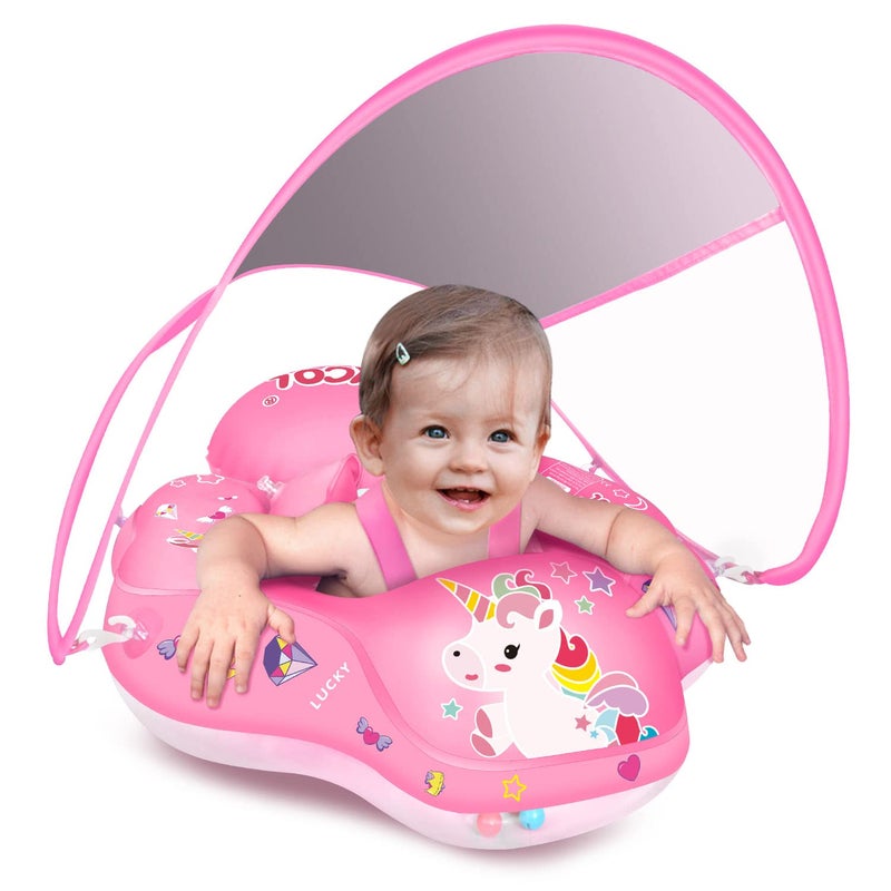 LAYCOL Baby Swimming Float Inflatable Baby Pool Float Ring with Sun Protection Canopyadd Tail no flip Over for Age of 336 Months Unicorn S