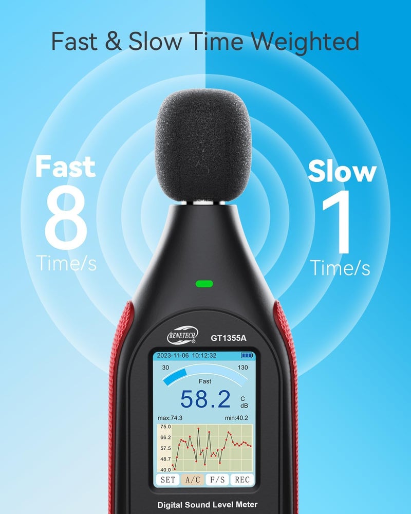 Benetech Decibel Meter, Sound & Noise Decibel Level Reader Monitor, SPL Meter 30dB to 130dB(A) with Record, Visual Alarm, A/C Weighted, Rechargeable for Home, Classroom - Image 3