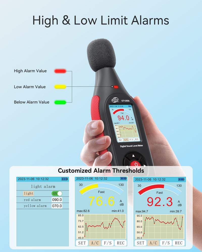 Benetech Decibel Meter, Sound & Noise Decibel Level Reader Monitor, SPL Meter 30dB to 130dB(A) with Record, Visual Alarm, A/C Weighted, Rechargeable for Home, Classroom - Image 4
