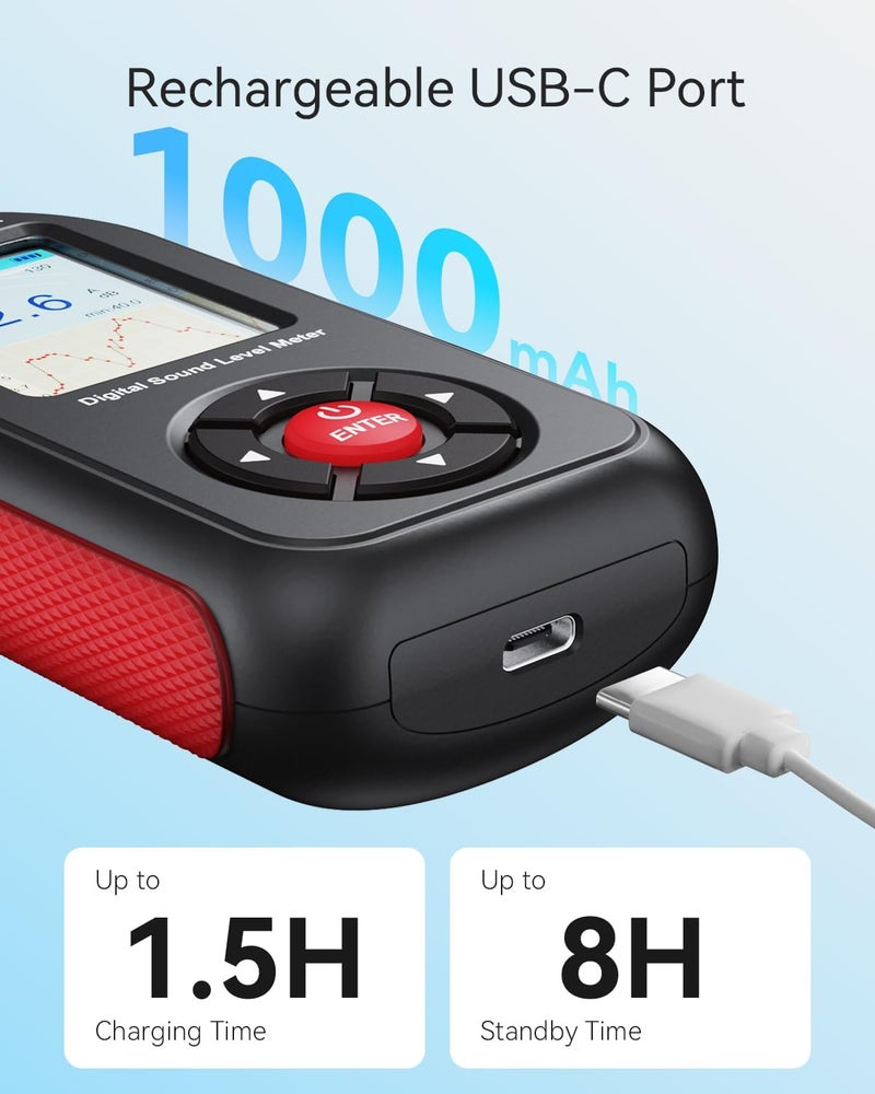 Benetech Decibel Meter, Sound & Noise Decibel Level Reader Monitor, SPL Meter 30dB to 130dB(A) with Record, Visual Alarm, A/C Weighted, Rechargeable for Home, Classroom - Image 5