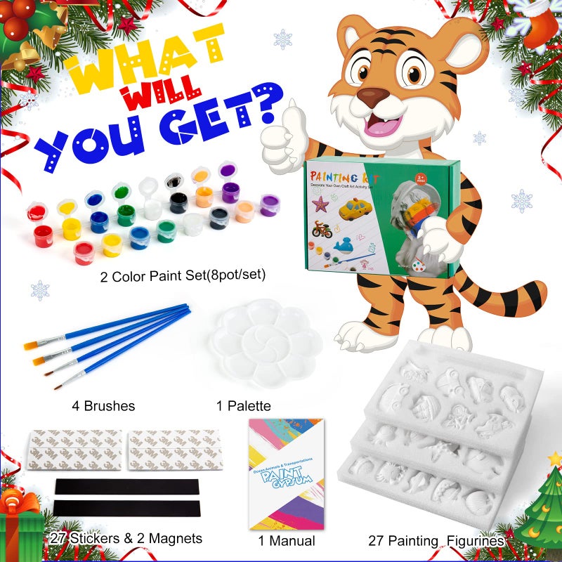Tigerhu Arts and Crafts for Kids,27 Painting Figurines, 2 x 8 Colors of Paint, 4 Pens Paint Brush, 1 Palette, 2 Magnets and 27 Stickers, Painting Kit DIY Toys Kids Gifts for Ages 4, 5, 6, 7, 8 - Image 5