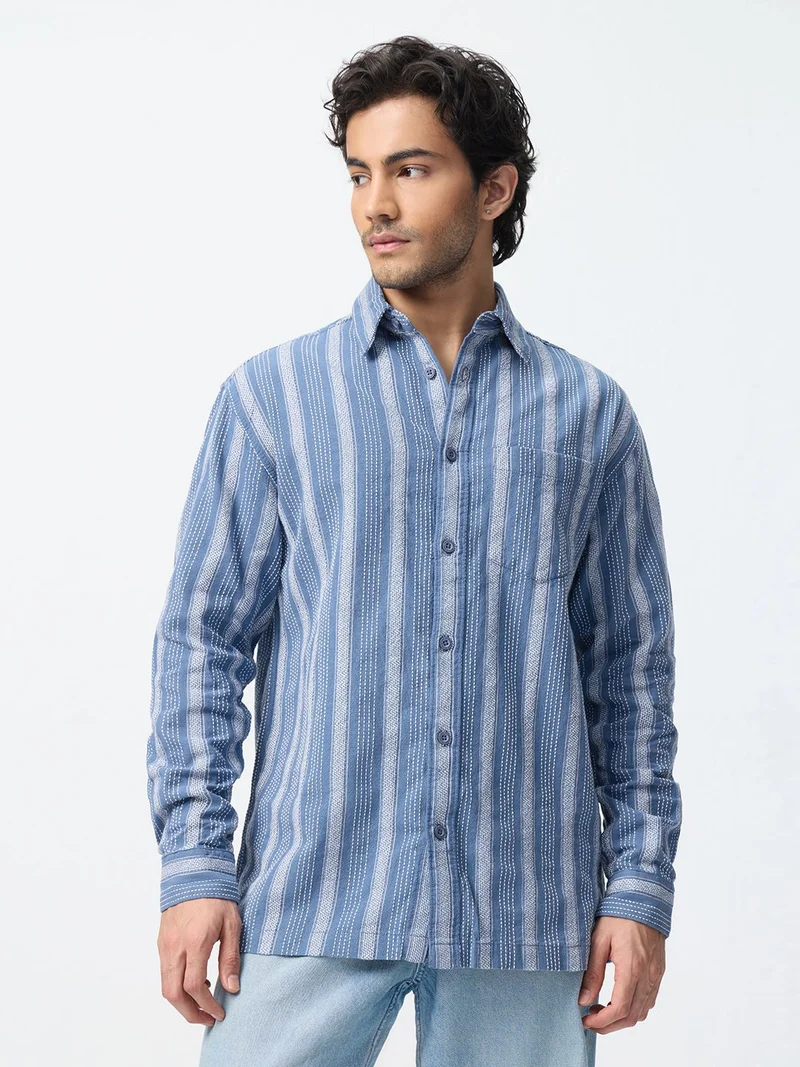 The Souled Store: Lagoon Men and Boys Long Sleeve Spread Collar Blue Textured Cotton Relaxed Shirt