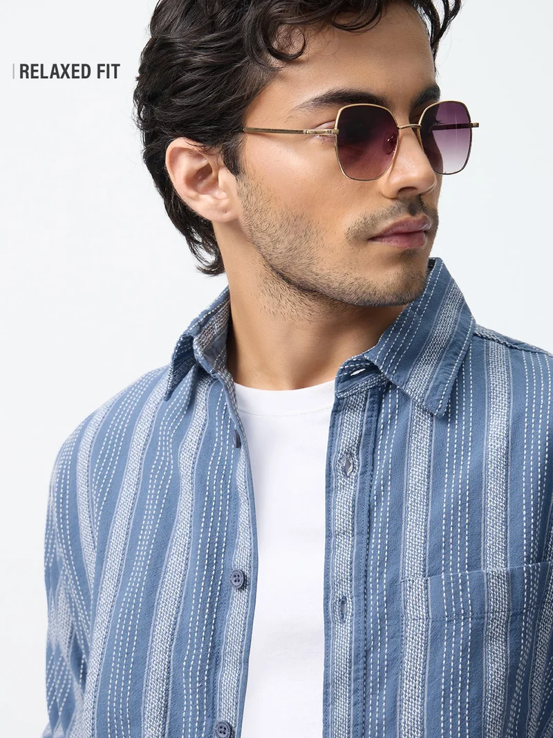ذا سوليد ستور The Souled Store: Lagoon Men and Boys Long Sleeve Spread Collar Blue Textured Cotton Relaxed Shirt