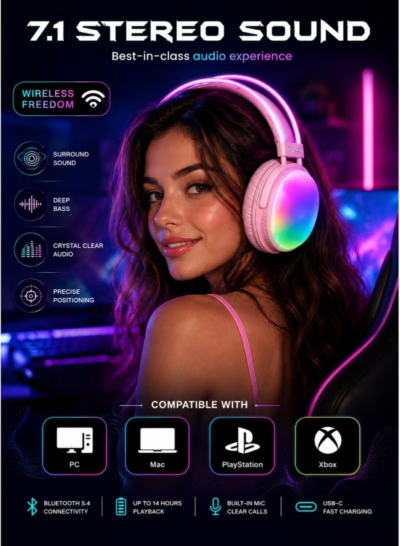 OALE RGB Wireless Gaming Headphones Bluetooth 5.4 Over Ear Stereo Headset with RGB Lighting Built In Microphone Adjustable Headband for Gaming Music Calls PC Laptop Console White - Image 3