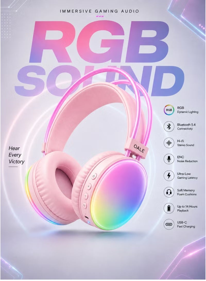 OALE RGB Wireless Gaming Headphones Bluetooth 5.4 Over Ear Stereo Headset with RGB Lighting Built In Microphone Adjustable Headband for Gaming Music Calls PC Laptop Console White - Image 1