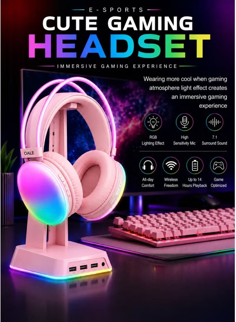 OALE RGB Wireless Gaming Headphones Bluetooth 5.4 Over Ear Stereo Headset with RGB Lighting Built In Microphone Adjustable Headband for Gaming Music Calls PC Laptop Console White - Image 5