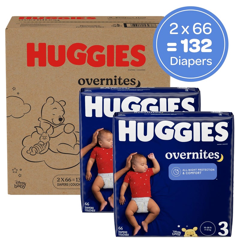 Huggies Size 3 Overnites Baby Diapers: Overnight Diapers, Size 3 (16-28 lbs), 132 Ct (2 Packs of 66) - Image 2