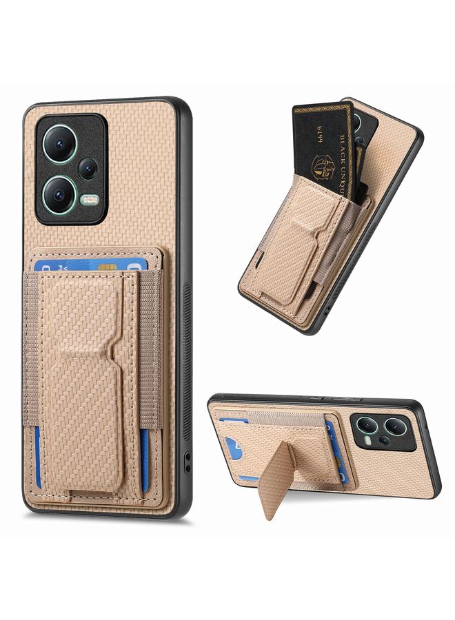Green Tiger For Xiaomi 13 Lite Carbon Fiber Fold Stand Elastic Card Bag Phone Case(Khaki)