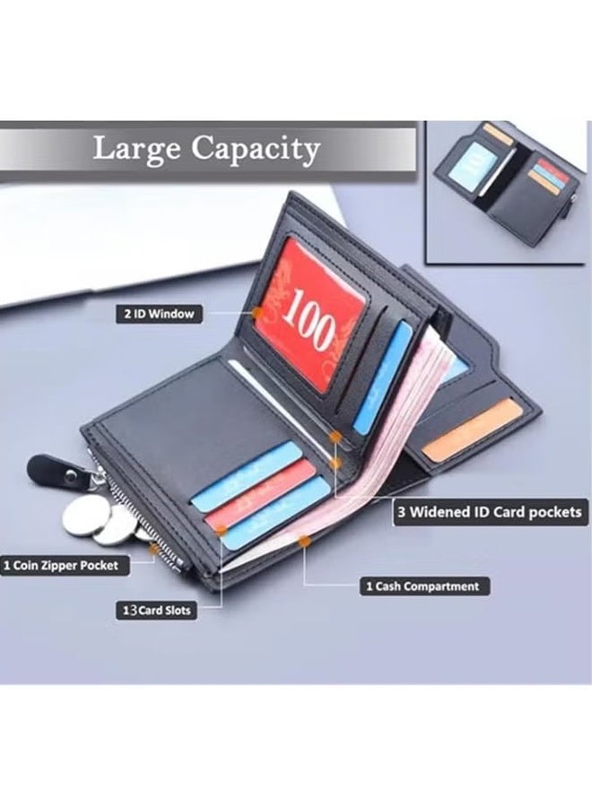 HY Men's Short Leather Wallet Three-fold Multi-Card Muti-Functional Purse 13 Credit Card Pockets with Coin Zipper Pocket & ID Window Coin Wallet Minimalist  - Image 5