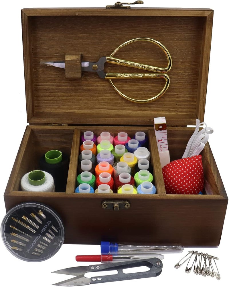 Flytreal Sewing Kit Box Basket, Wooden Hand Home Sewing Repair Tool Kit, Beginner Universal Sew Kit Accessories for Women, Men, Adults, Girls, Kids (Retro Dandelion) - Image 2