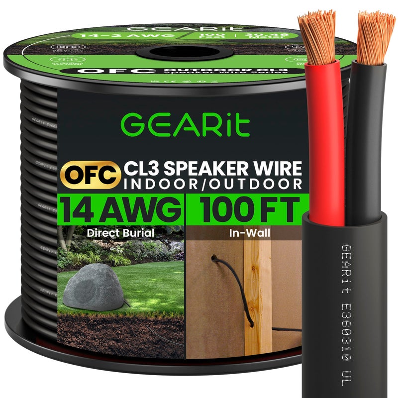 GearIT GearIT 14/2 Speaker Wire (100 Feet) 14AWG Gauge - Outdoor Direct Burial in Ground/in Wall / CL3 CL2 Rated / 2 Conductors - OFC Oxygen-Free Copper, Black 100ft  - Image 1