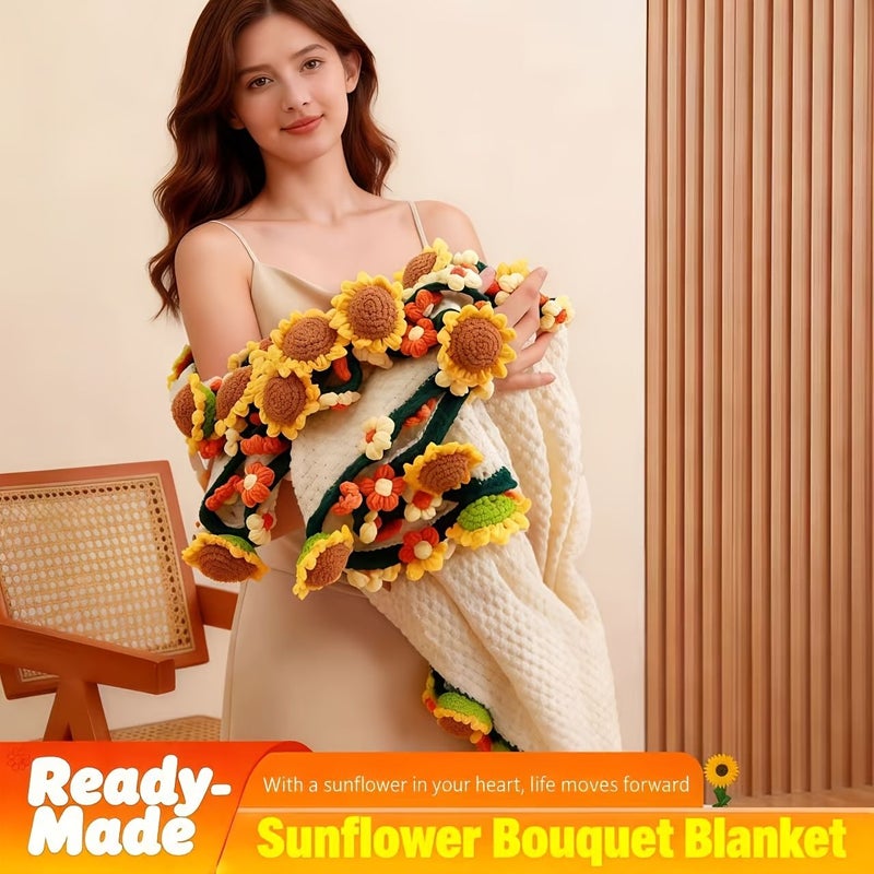 Hand Crocheted Sunflower and Small Daisy Blanket 32 Inches Soft Gift - Image 1