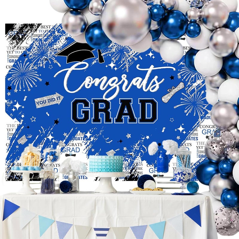 Mocsicka Graduation Backdrop Congrats Grad Blue and Sliver Graduate Party Decorations Background Class of 2024 Photography Backdrops (Blue, 8x6ft) - Image 2