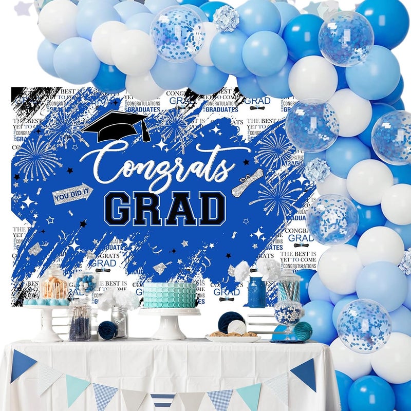 Mocsicka Graduation Backdrop Congrats Grad Blue and Sliver Graduate Party Decorations Background Class of 2024 Photography Backdrops (Blue, 8x6ft) - Image 4