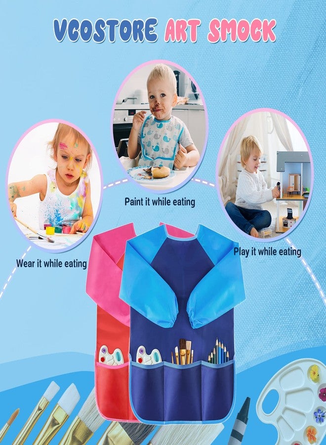 VCOSTORE 2 Pack Kids Art Smock, Toddler Painting Smock,Waterproof Long Sleeve Kids Art Apron with 3 Pockets for Children - Image 5