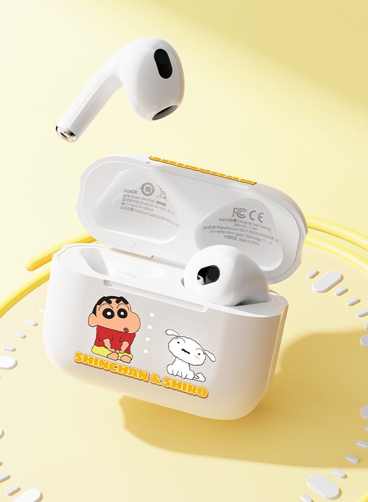 روك سماعات أذن لاسلكية حقيقية من كرايون شينتشان سماعات أذن لاسلكية حقيقية صوت ستيريو عالي الدقة مع مشغل 13 مم، إلغاء الضوضاء عند الاتصال، جهير قوي، وقت تشغيل 18 ساعة، بلوتوث 5.3، سماعات رأس مريحة وملائمة شبه داخلية بتصميم كرتوني لطيف أبيض - Image 1