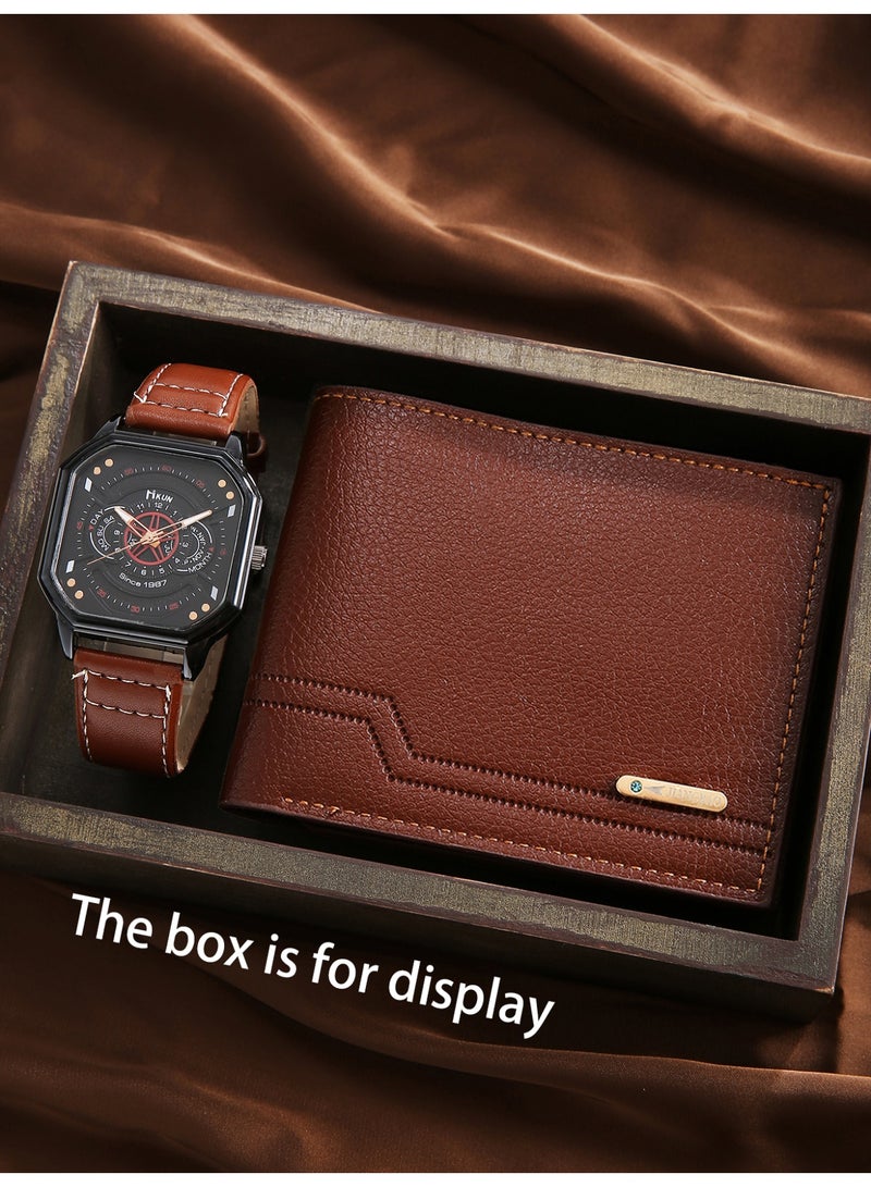 2-piece PU leather square brown men's watch set, paired with a selected wallet, perfect for giving him the perfect holiday birthday gift