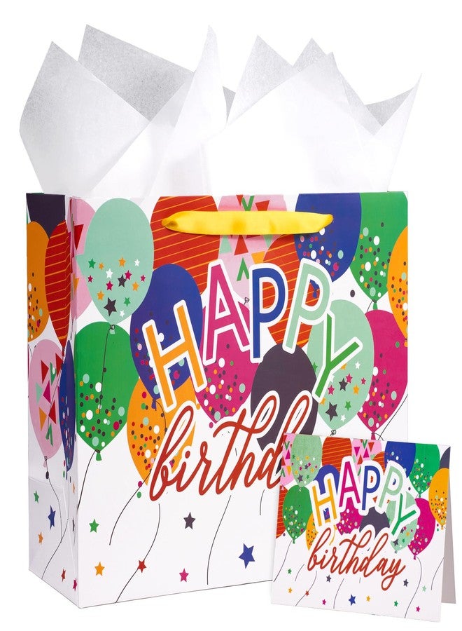 WRAPAHOLIC 13" Large Birthday Gift Bag with Card and Tissue Paper - Colorful Balloons and Happy Bday Lettering Paper Bags for Bday Party Supplies - Image 1