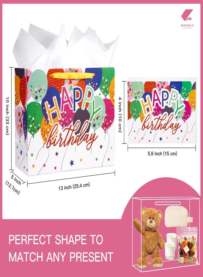 WRAPAHOLIC 13" Large Birthday Gift Bag with Card and Tissue Paper - Colorful Balloons and Happy Bday Lettering Paper Bags for Bday Party Supplies - Image 2