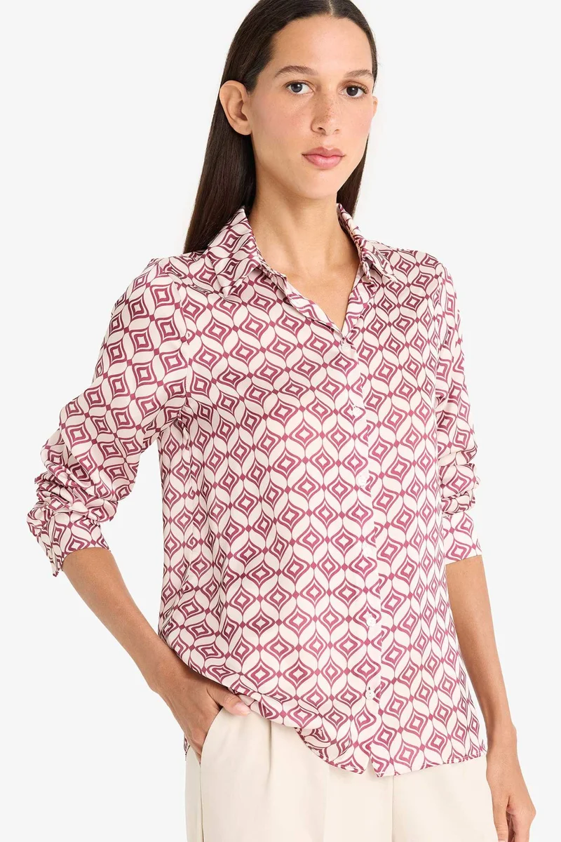 ديفاكتو Regular Fit Shirt Collar Satin Printed Long Sleeve Shirt