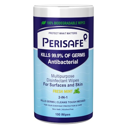 PERISAFE Multipurpose Disinfectant Wipes For Surfaces & Skin-100 Wipes | 100% Biodegradable | Antibacterial | 2-IN-1- Kills Germs & Cleans Tough Messes | Fresh Mint - Image 1
