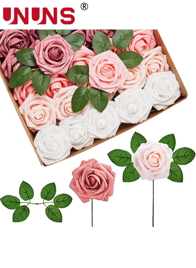 UNUNS Artificial Flowers Real Looking,25 Pcs Fake Roses With Stems,Ealistic Fake Roses For DIY Wedding Bouquets,Floral Arrangements Party,Tables Home Decorations-Shades of Dusty Rose - Image 1