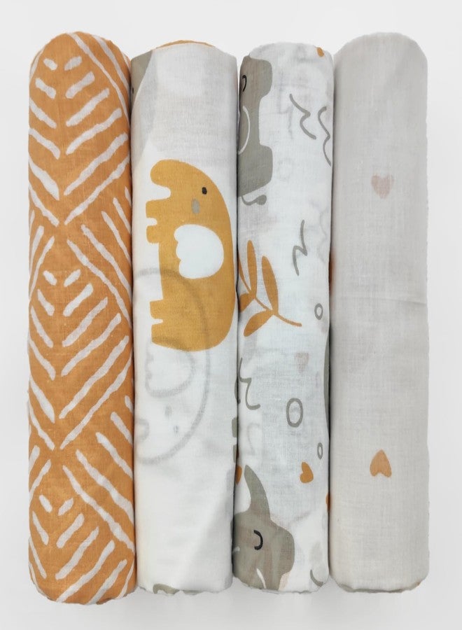 Trance Home Linen Super Ultra Soft 100% Cotton Malmal Baby Swaddle Cloth | Baby Wrap for New Born Babies | Skin Frindelly Soft Baby Towel |New Born Swaddles-(100x100 Cm, Terra Tots,Pack of 4)