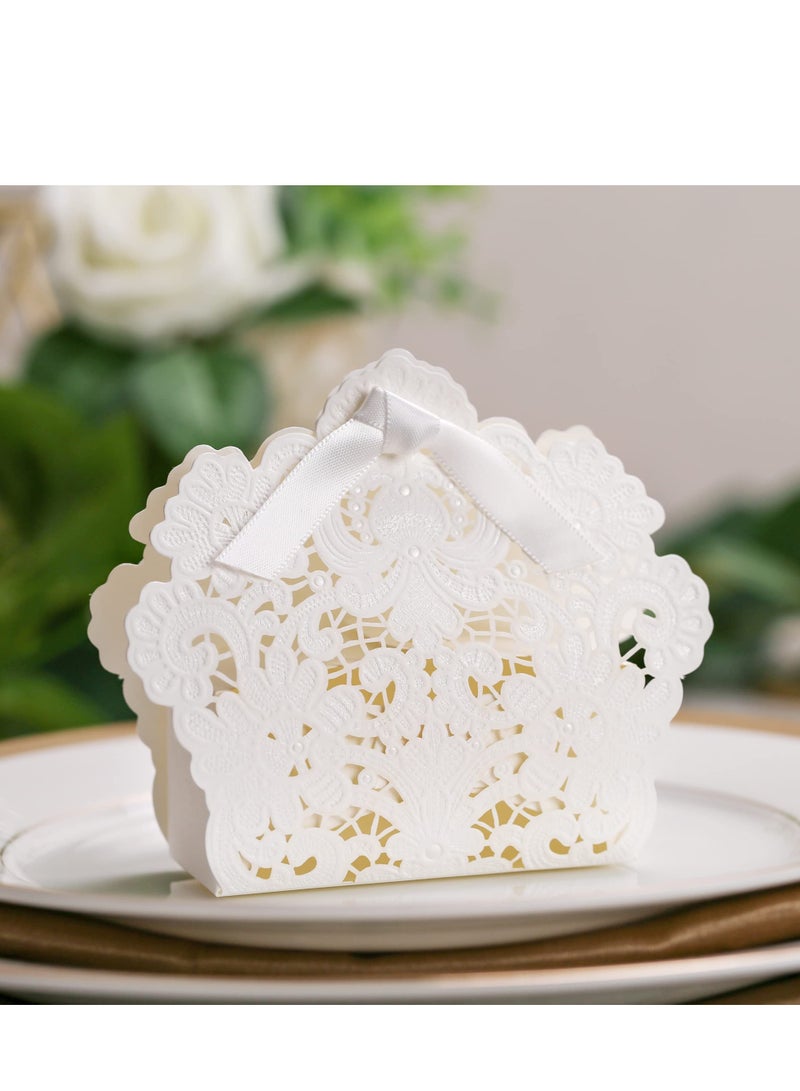 KASTWAVE 50 قطعة صناديق هدايا الزفاف البيضاء مقطوعة بالليزر، حقائب هدايا الزفاف، صناديق الشوكولاتة والحلويات مع شرائط - Image 2