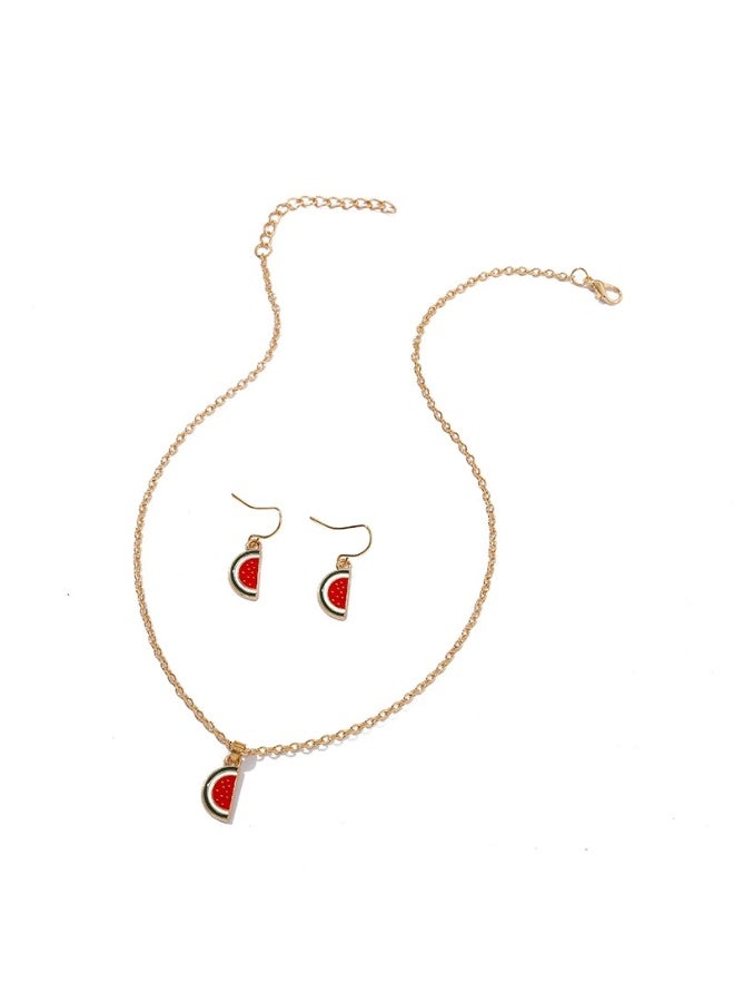 Goolsky طقم قلادة وأقراط بموضة البطيخ – قلادة فاكهة من سبائك معدنية، تصميم بطيخ لطيف، للارتداء الصيفي/اليومي/كهدية، جمالية الدوبامين - Image 4