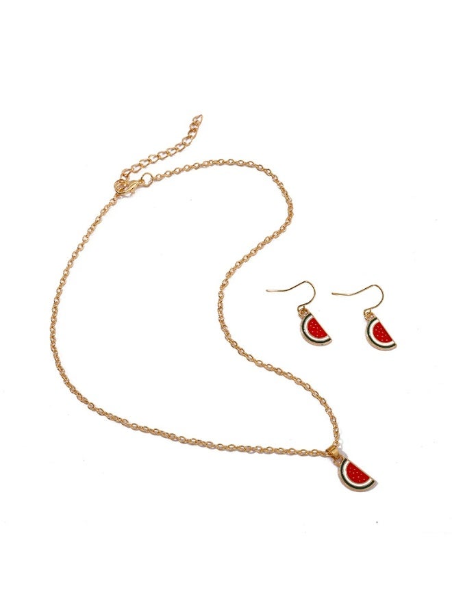 Goolsky طقم قلادة وأقراط بموضة البطيخ – قلادة فاكهة من سبائك معدنية، تصميم بطيخ لطيف، للارتداء الصيفي/اليومي/كهدية، جمالية الدوبامين - Image 2