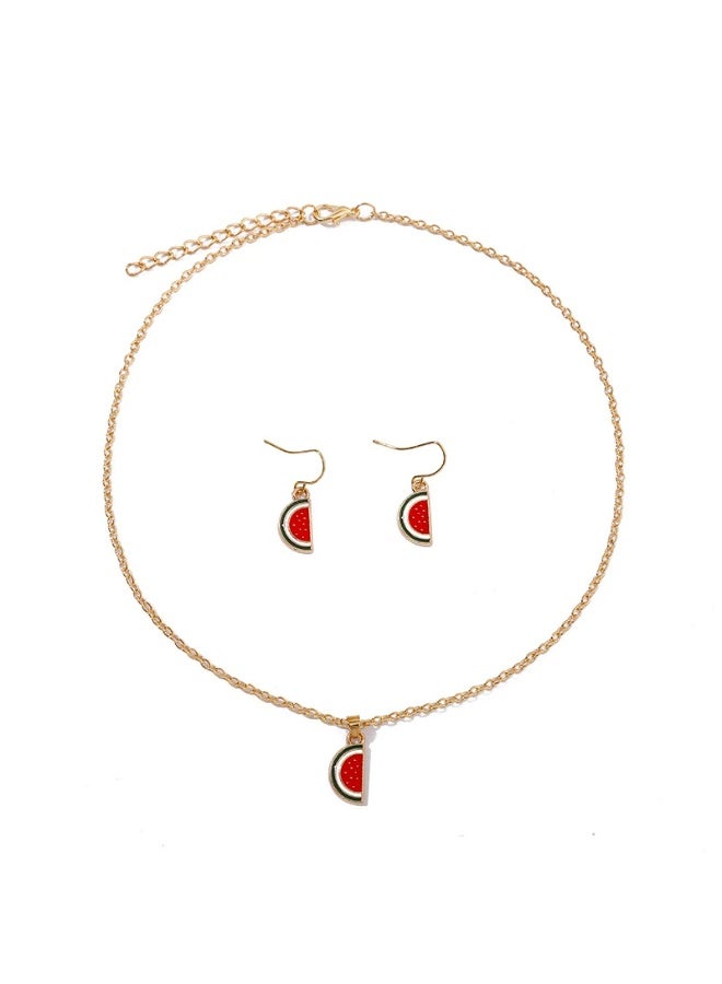 Goolsky طقم قلادة وأقراط بموضة البطيخ – قلادة فاكهة من سبائك معدنية، تصميم بطيخ لطيف، للارتداء الصيفي/اليومي/كهدية، جمالية الدوبامين - Image 1