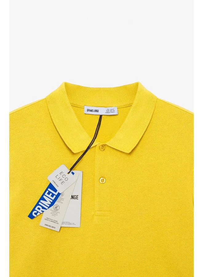 Grimelange SKYLOOM Men's 100% Cotton Short Sleeve Regular Fit Yellow Polo Collar T-shirt.