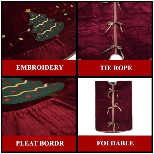 ONGLYP X.Sem Christmas Tree Embroidered Velvet Christmas Tree Skirt with Pleat Velvet Border 50'' Dark Red (Dark Red, 50 inch) - Image 5