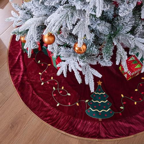 ONGLYP X.Sem Christmas Tree Embroidered Velvet Christmas Tree Skirt with Pleat Velvet Border 50'' Dark Red (Dark Red, 50 inch) - Image 4