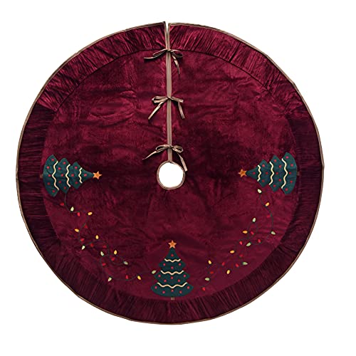 ONGLYP X.Sem Christmas Tree Embroidered Velvet Christmas Tree Skirt with Pleat Velvet Border 50'' Dark Red (Dark Red, 50 inch) - Image 3