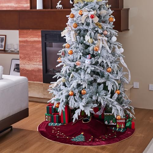 ONGLYP X.Sem Christmas Tree Embroidered Velvet Christmas Tree Skirt with Pleat Velvet Border 50'' Dark Red (Dark Red, 50 inch) - Image 2