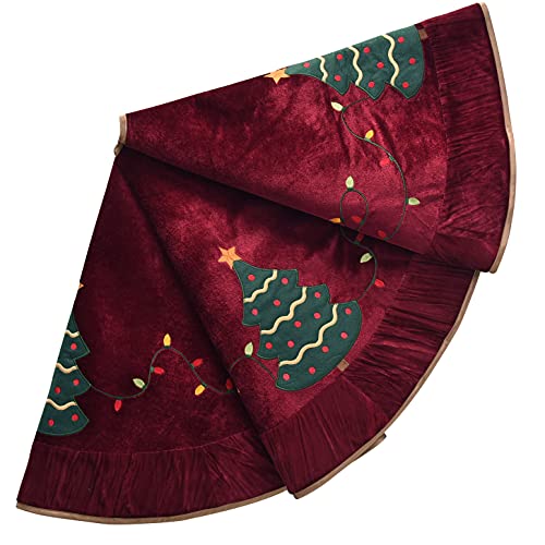ONGLYP X.Sem Christmas Tree Embroidered Velvet Christmas Tree Skirt with Pleat Velvet Border 50'' Dark Red (Dark Red, 50 inch) - Image 1
