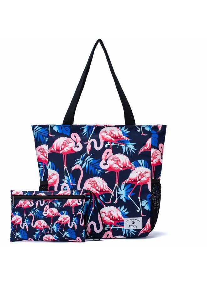 ETidy Large Capacity Foldable Tote Bag With Zipper Water-resistant SandproofWomen Beach Bag Handbag GymBag Travel ShoppingBag, Flamingo, Large, Casual Daily Use - Image 1