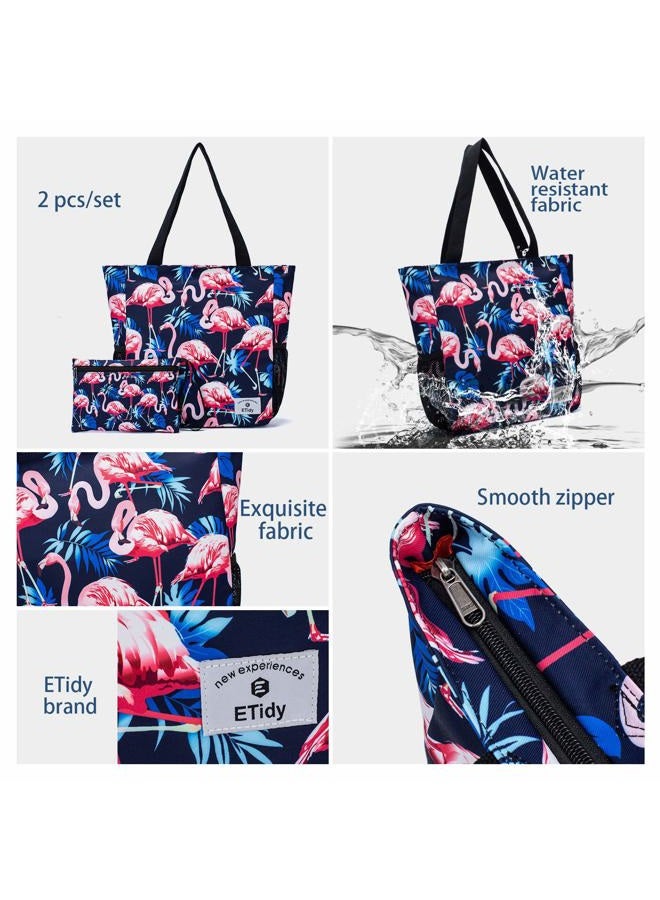 ETidy Large Capacity Foldable Tote Bag With Zipper Water-resistant SandproofWomen Beach Bag Handbag GymBag Travel ShoppingBag, Flamingo, Large, Casual Daily Use - Image 4